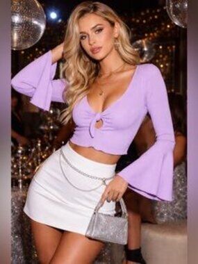 Nasty Gal Collection Ribbed Tie Front Crop Top Bell Sleeve Sz 10